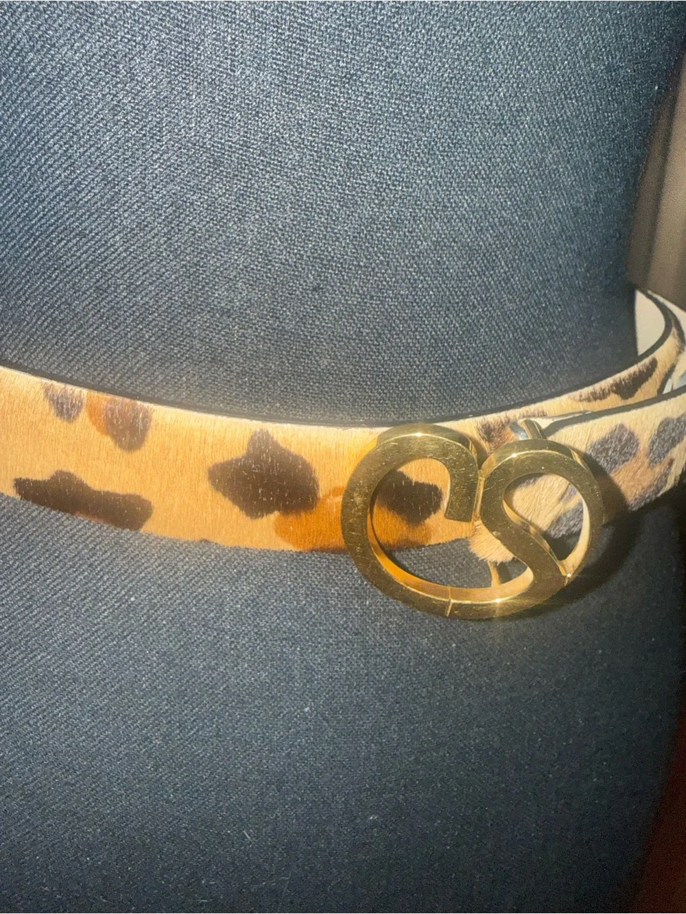 St. John Knits Narrow Leopard Print Calf Hair Belt with Gold Buckle sz S
